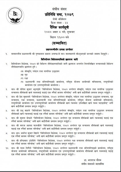 प्रतिनिधिसभा बैठकः सांसदले सोधेको प्रश्नको जवाफ प्रधानमन्त्रीले दिने